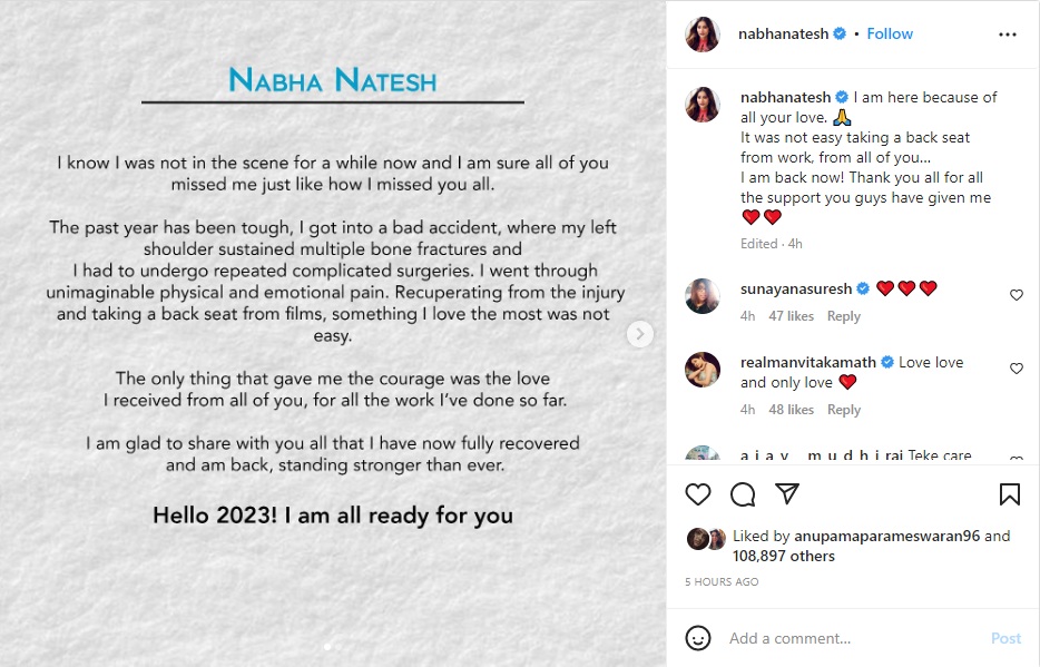 Screenshot of Nabha Natesh's post